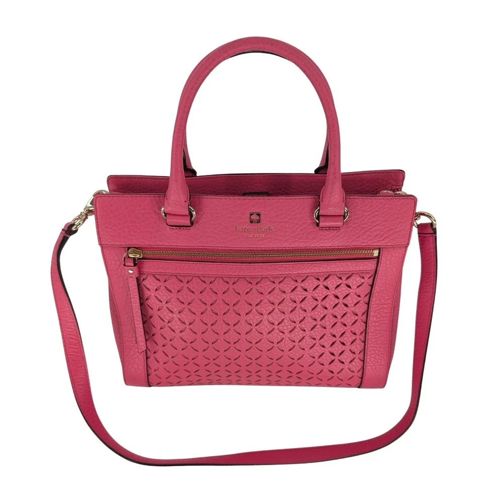Kate Spade Perri Lane Romy Satchel‎ Medium Pink Leather Laser Cut Preppy Luxury